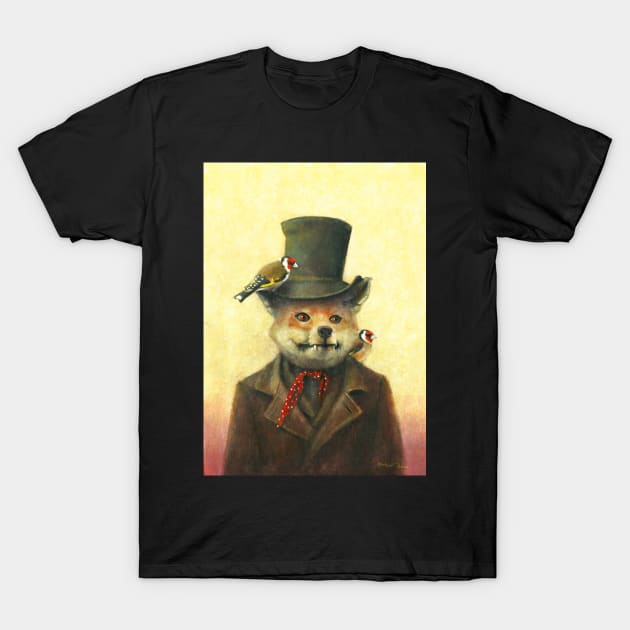 Victorian Fox And Goldfinch T-Shirt by mictomart